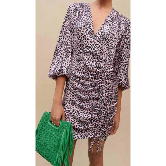 Maje Cinched Mini Dress Pink Leopard Animal Print Size 36 Small - Picture 2 of 7